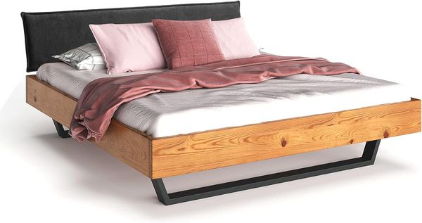 Möbel-Eins CURBY Kufenbett mit Polster-Kopfteil, Material Massivholz, rustikale Altholzoptik, Fichte, Kufen schwarz natur 90x220 cm Stoff Anthrazit ohne Steppung