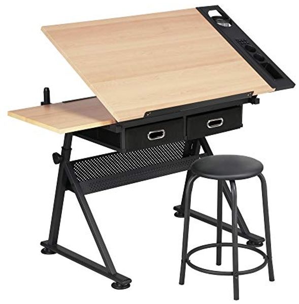 Yaheetech Zeichentisch Architektentisch Verstellbarer Tischplatte Schreibtisch Schülerschreibtisch mit Hocker und Schubladen Höhenverstellbar Arbeitstisch für Techniker Architekten