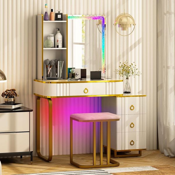 COSTWAY Schminktisch mit LED-Beleuchtung, Frisiertisch mit 7 dynamischen & 7 statischen dimmbaren LED-Leuchten, kabelloser Ladestation, USB-Anschluss & 4 Schubladen, Kosmetiktisch mit Hocker, Weiß