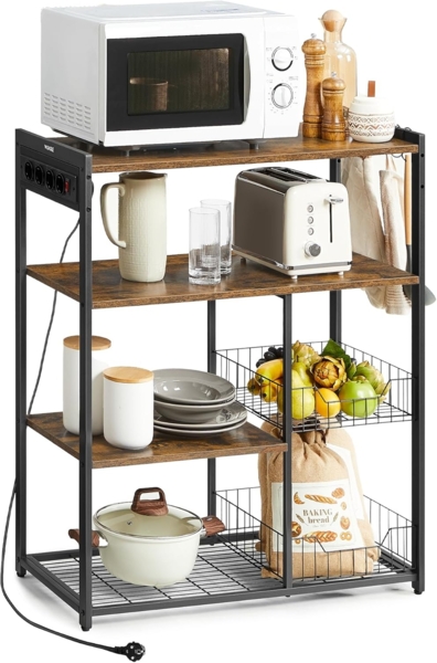 VASAGLE Küchenregal mit Steckdosen, Standregal mit 2 Metallkörben, Bäckerregal mit Haken und Regalablagen, Mikrowellenregal, 35 x 80 x 93,5 cm, Industrie-Design, vintagebraun-tintenschwarz