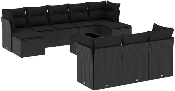 vidaXL 11-tlg. Garten-Sofagarnitur mit Kissen Schwarz Poly Rattan 3250174