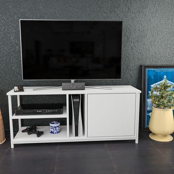 Hanah Home Scandinavian TV Stand, White, 120 x 35.3 x 50.8 cm | 100% Melamine Coated Particle Board, 18 mm Thick | Stylish & Functional for Modern Living Rooms
