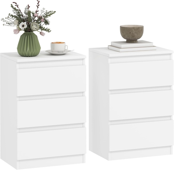 HOMCOM Nachttisch griffloses Design (Beistelltisch mit 3 Schubladen, 2-St, Nachtschrank), für Schlafzimmer, Wohnzimmer, 40 x 30 x 59,5 cm, Weiß
