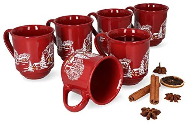 MamboCat Tasse 6er Set Glühweinbecher in dunkelrot Weihnachtslandschaft 0,2L geeicht, Porzellan, Weihnachtsgeschirr, Weihnachten, Weihnachtsmarkt, Punsch