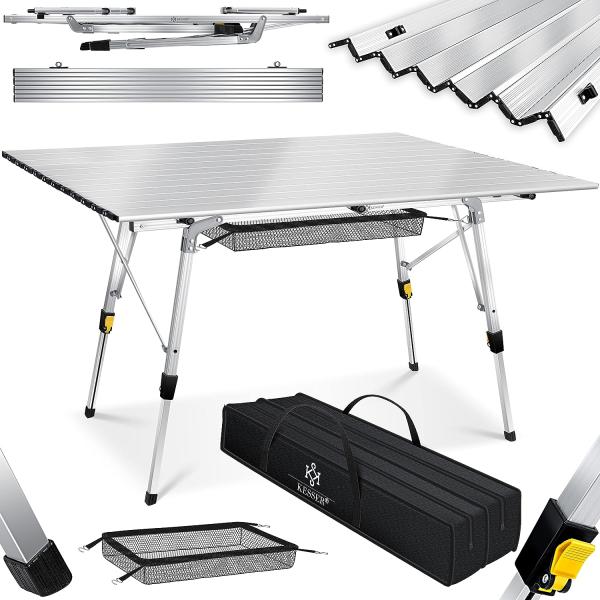 KESSER® Campingtisch faltbar Klapptisch Camping Tisch mit Aluminiumrahmen Aufrollbare Tischplatte Falttisch klappbar mit Höhenverstellung inkl. Tragetasche mit Trageband 90x53 cm - bis 30 kg Silber (120x70 cm)