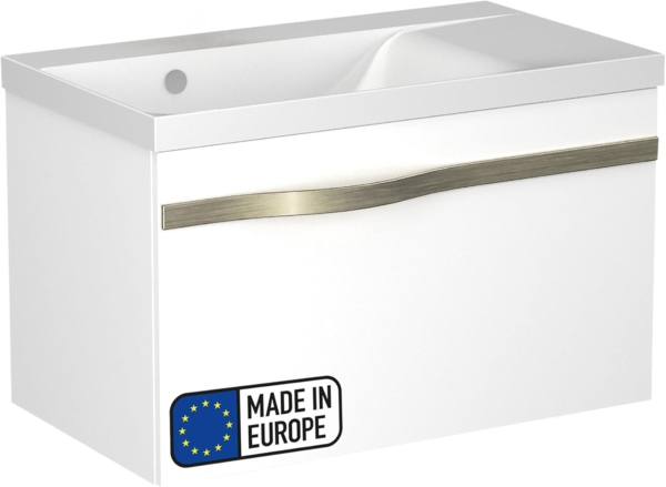 BADEDU FILS Waschbecken mit Unterschrank 69 cm breit, Weiß, Waschbecken Gussmarmor Weiß, Griff Silber