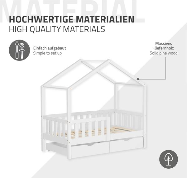 ML-DESIGN Spielbett Hausbett Kinderbett inkl. 2 Schubladen, Lattenrost und Rausfallschutz, Abenteuerbett 70x140cm mit Matratze Himmelbett Kiefer Jugendbett Weiß Bild 8