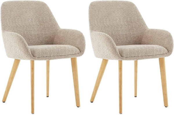 Vente-unique - 2er-Set Stühle mit Armlehnen - Bouclé-Stoff & Kautschukholz - Taupe & helles Naturholz - VALENYO