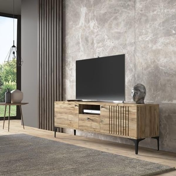 Hanah Home Stylish TV Stand with Metal Legs, Atlantic Pine, 150 cm | 100% Chipboard, 18 mm Thick | Wall-Mountable, Multiple Shelves for Modern Living Rooms