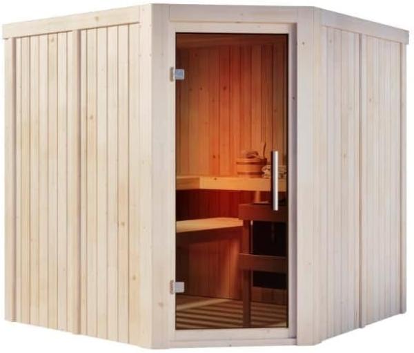 Karibu Sauna Jarin mit Eckeinstieg Innensauna 3 Sitzbänke aus Holz Saunakabine mit 68 mm Wandstärke Dampfsauna