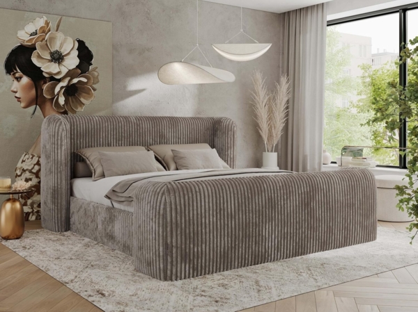 Polsterbett mit Lattenrost, Doppelbett für Schlafzimmer, Gepolstertes Kopfteil - EMORA CLASSIC DUO - 180 x 200 cm - Hellbraun Cord Bild 1