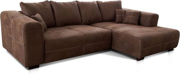 Cavadore Ecksofa Mavericco / XXL Eckcouch Inkl. Rückenkissen und Zierkissen / Longchair rechts / Industrial Style / 285 x 69 x 170 (BxHxT) / Mikrofaser Braun