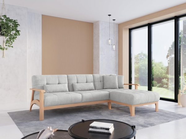 Cavadore Ecksofa Billan / Eckcouch im skandinavischen Design mit Longchair und massivem Holzgestell in Buche / 264 x 88 x 183 / Mehrfarbiger Strukturstoff, Hellgrau Bild 2