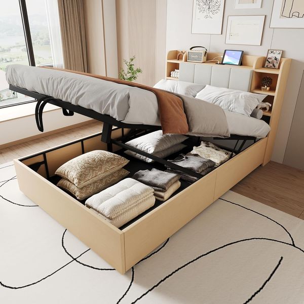 Ball & Cast Stauraumbett (140x200 cm) mit Hydraulisch Stauraum, Doppelbett mit USB- und Tape-C-Steckdose, Einfach & Zeitsparend Montierbar, Holzfarbe