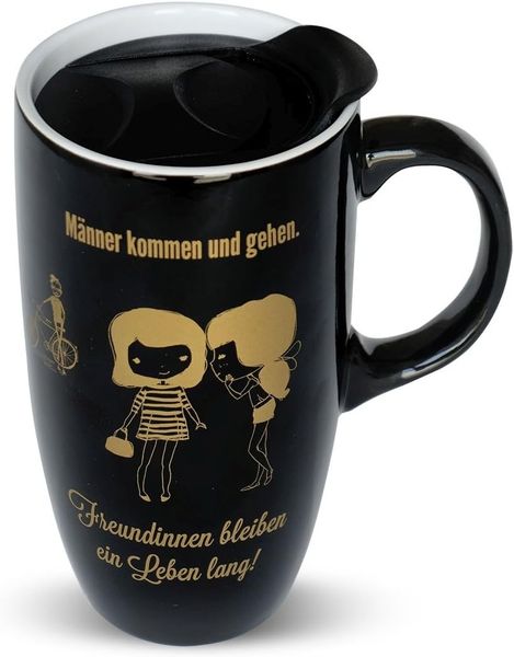 Black Chili 44923 Becher to go mit Motivdruck: ''Männer kommen und gehen. Freundinnen bleiben ein Leben lang'', Steinzeug
