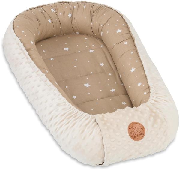 Warmes Nestchen Baby 90x50 cm - Kuschelnest Neugeborene Nestchen Winter/Herbst Kokon Babynest Sonne Beige mit Weiß Sternen