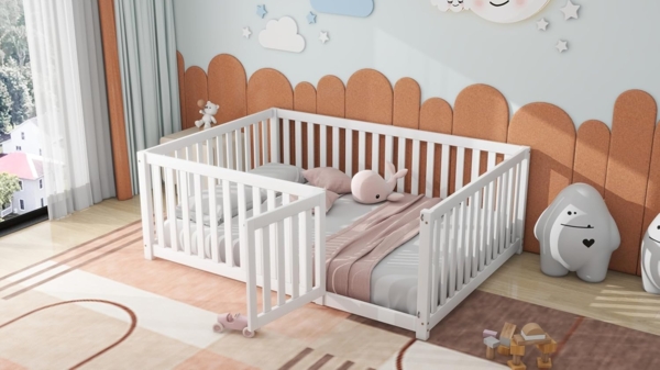 Ball & Cast Bodenbett (140x200 cm) mit Zaun und Tür, Holzboden Bettrahmen für Jungen und Mädchen, Einfach & Zeitsparend Montierbar, Weiß Bild 3