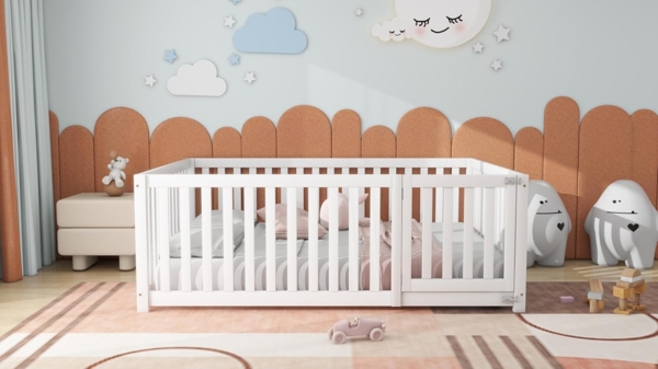 Ball & Cast Bodenbett (140x200 cm) mit Zaun und Tür, Holzboden Bettrahmen für Jungen und Mädchen, Einfach & Zeitsparend Montierbar, Weiß Bild 6