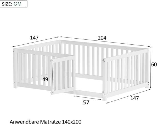 Ball & Cast Bodenbett (140x200 cm) mit Zaun und Tür, Holzboden Bettrahmen für Jungen und Mädchen, Einfach & Zeitsparend Montierbar, Weiß Bild 2