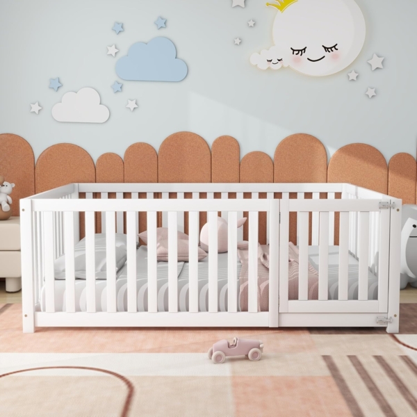 Ball & Cast Bodenbett (140x200 cm) mit Zaun und Tür, Holzboden Bettrahmen für Jungen und Mädchen, Einfach & Zeitsparend Montierbar, Weiß Bild 5