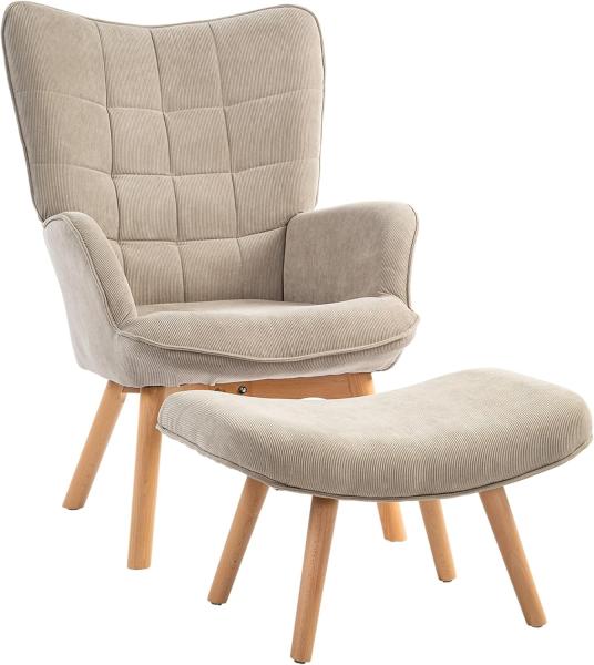 HOMCOM Relaxsessel Ohrensessel mit Hocker, Polstersessel in Cord-Optik (Loungesessel, 2-St, Armlehnstuhl), für Wohnzimmer, Hellbraun