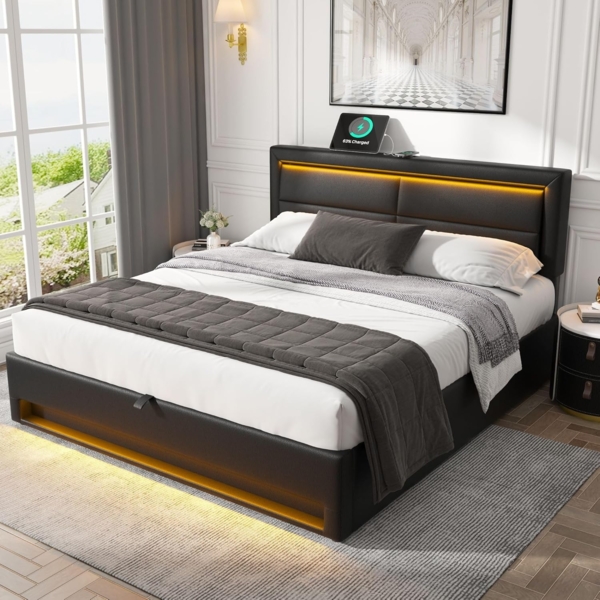 OKWISH Holzbett Polsterbett Jugendbett (140*200 mit Lattenrost und Kopfteil, LED-Bett, Jugendbett, mit 4 Schubladen), Einfache Montage, PU, schwarz
