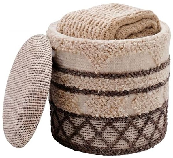 Sitzhocker mit Stauraum aus Wolle 40cm Beige Stoff Rund - Design Boho Stoffhocker mit abnehmbarem Deckel - Polsterhocker Schminktisch Hocker - Beistellhocker für Wohnzimmer Handmade