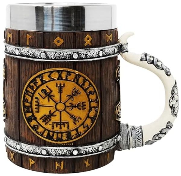 MystiCalls Bierkrug XL Wikingerkrug Nordischer Kompass 0,5l Fassungsvolumen, 1-tlg, Polyresin, Herausnehmbarer Metalleinsatz