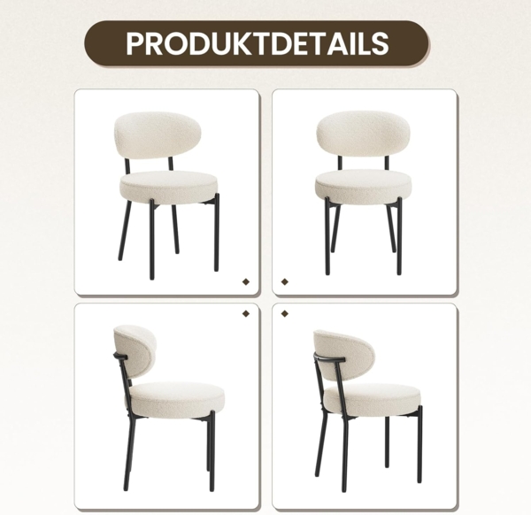 COLAMY Esszimmerstühle 6er Set mit 10 cm Sitzpolster – Moderne Polsterstühle aus kuscheligem Teddy-Stoff, mit robustem Metallgestell – Für Küche & Wohnbereich, Weiß Bild 9