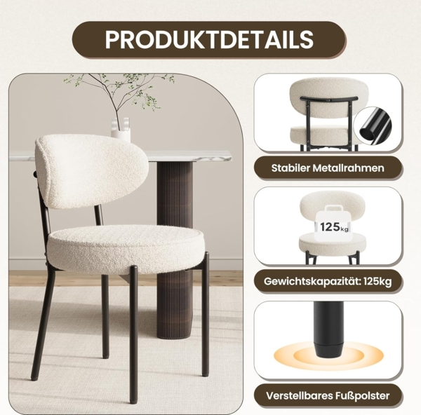 COLAMY Esszimmerstühle 6er Set mit 10 cm Sitzpolster – Moderne Polsterstühle aus kuscheligem Teddy-Stoff, mit robustem Metallgestell – Für Küche & Wohnbereich, Weiß Bild 6
