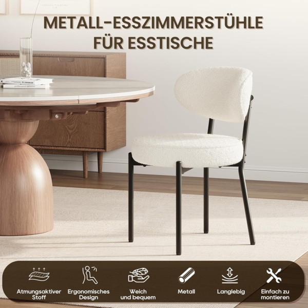 COLAMY Esszimmerstühle 6er Set mit 10 cm Sitzpolster – Moderne Polsterstühle aus kuscheligem Teddy-Stoff, mit robustem Metallgestell – Für Küche & Wohnbereich, Weiß Bild 7