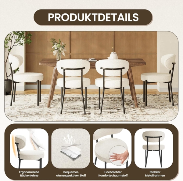 COLAMY Esszimmerstühle 6er Set mit 10 cm Sitzpolster – Moderne Polsterstühle aus kuscheligem Teddy-Stoff, mit robustem Metallgestell – Für Küche & Wohnbereich, Weiß Bild 5
