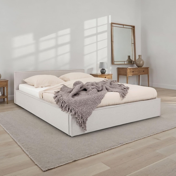 IDIMEX Polsterbett PESARO, Doppelbett 140x200 cm mit Lattenrost Kopfteil Leinen Optik Hellgrau