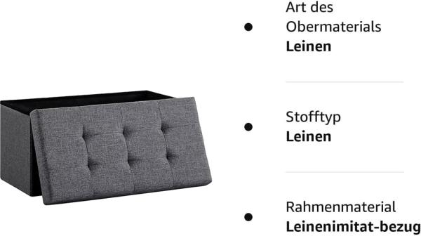 Zedelmaier Sitzbank mit Stauraum Polsterbank Sitzhocker Sitztruhe belastbar bis 300 kg 76 x 38 x 38 cm(Leinen - Dunkelgrau) Bild 7