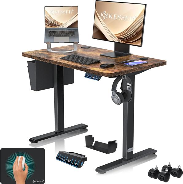 KESSER® Höhenverstellbarer Schreibtisch elektrisch | Ergonomisch Steh-Sitz Schreibtisch | 3-Funktions-Memory Steuerung | Inkl. 360° Rollen & USB-Ladeanschluss | Computertisch für Homeoffice Braun, 100x60 cm