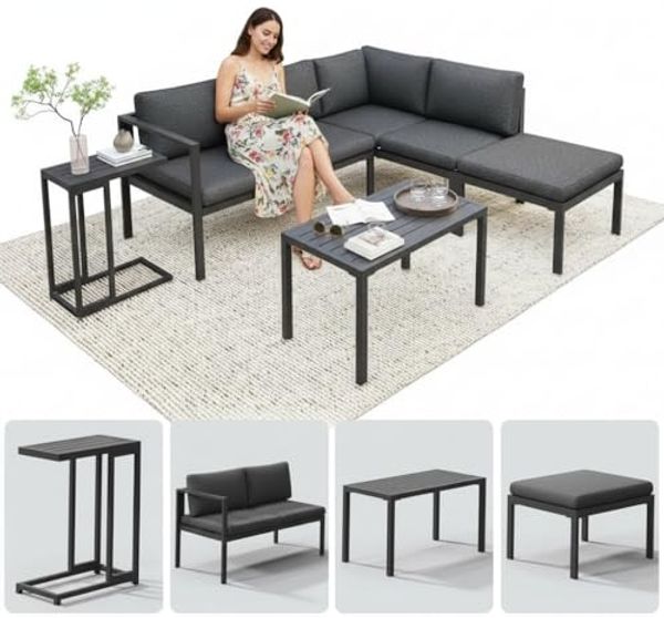 Melko Sitzgruppe 5-teiliges Gartenmöbel-Set aus Aluminium mit Tisch, Hocker und Kissen, (Sitzgruppen-Set, 5-tlg, 2 Sofa-Elementen, 1 Tisch, 1 Beistelltisch, 1 Hocker sowie Auflagen), Flexible Eck-Sitzgruppe mit Aluminiumgestell mit Teslin-Sitzflächen