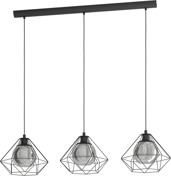 Eglo 43483 Hängeleuchte VERNHAM E27 3X40W Stahl schwarz, Rauchglas schwarz-transparent L:114,5 B:32,5 H:110cm dimmbar