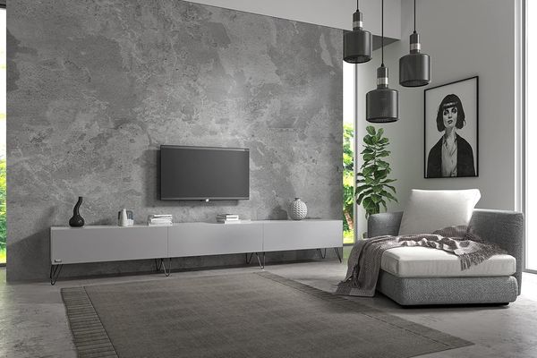 Wuun® TV-Board Lowboard Wohnwand TV-Bank Somero / 300cm (3x100 cm) /Perl-Matt-Grau/Haarnadel Schwarz