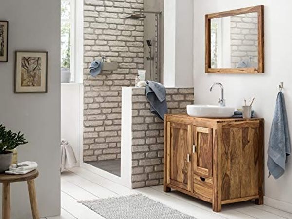Badmöbelset Laros 2-teilig 80 cm Akazie massivum Waschtisch mit Spiegel braun Landhaus rustikal Badezimmer Möbelset 80x75x45 cm