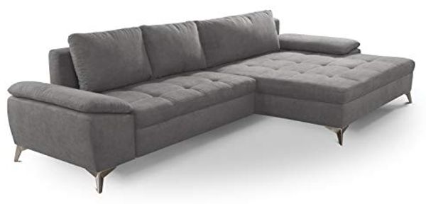 CAVADORE Schlafsofa Lina Ecksofa mit Schlaffunktion, Bettkasten, großem Longchair und Steppung im Sitz / 290 x 85 x 163 / Flachgewebe: Hellgrau