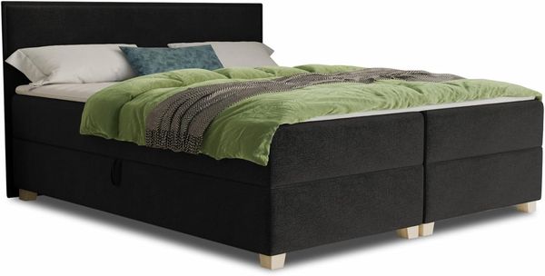 Boxspringbett Fren mit 2 Bettkästen - Doppelbett mit Bonell-Matratze und Topper, Polsterbett, Bett mit Holzfüße, Schlafzimmer (Schwarz (Kronos 07), 160 x 200 cm)