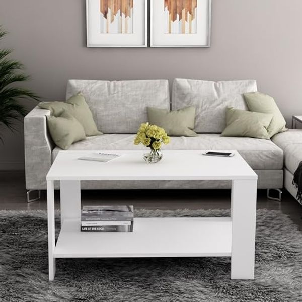 Stylish White Coffee Table, 90 x 60 x 47 cm | 100% Melamine Coated Particle Board | Modern Design for Living Room & Home Decor