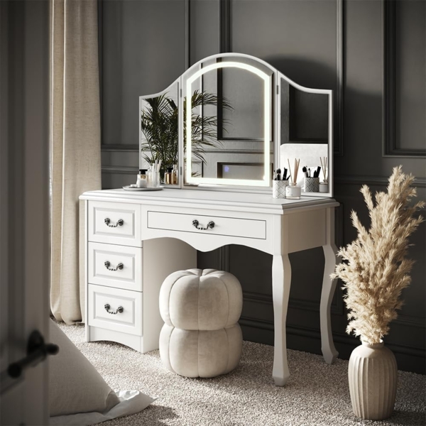 Schminktisch Belle Weiß 120 cm mit dimmbarer LED-Beleuchtung Vicco