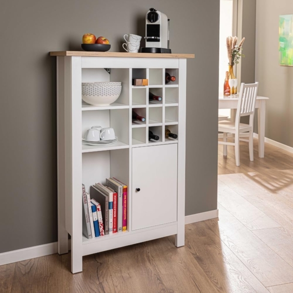 Inter Link- Sideboard für 12 Flaschen mit 3 Regalböden und 1 Tür – Weinschranck - Highboard - Küchenschrank - Buffetschrank – für Weinlagerung - Artisan Eiche Weiß - Julina