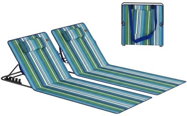 Outsunny Gartenliege mit Verstellbarer Rückenlehne, Kopfkissen, Aufbewahrungstasche, Strandliege, 2 St, Strandmatte, für Strand Garten Blau+Grün+Weiß