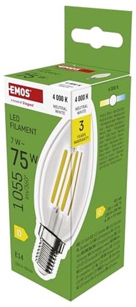 EMOS LED Lampe Edison Candle, 7W Ersatz für 75W Glühbirne, Vintage-Glühlampe mit E14 Sockel und Helligkeit 1055 lm, Neutralweiß 4000 K, 25000 Stunden Lebensdauer, CRI > 80, 360° Abstrahlwinkel