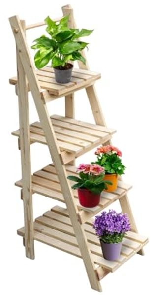 holz4home® Pflanzentreppe Pflanzleiter mit 4 Ablagen I Blumentreppe aus Tannenholz, Klappbar