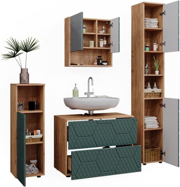 Badmöbel-Set Irma Grün/Goldkraft Eiche 4 Teile, mit Schubladenschrank und Hochschrank Vicco Bild 7