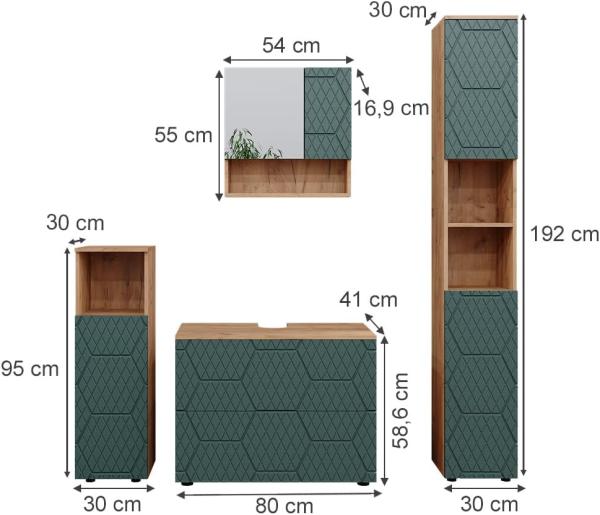 Badmöbel-Set Irma Grün/Goldkraft Eiche 4 Teile, mit Schubladenschrank und Hochschrank Vicco Bild 3
