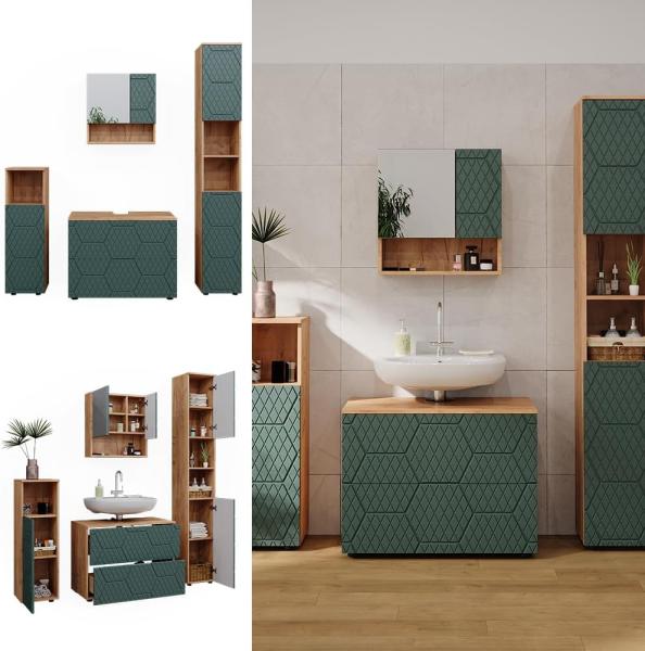 Badmöbel-Set Irma Grün/Goldkraft Eiche 4 Teile, mit Schubladenschrank und Hochschrank Vicco Bild 2